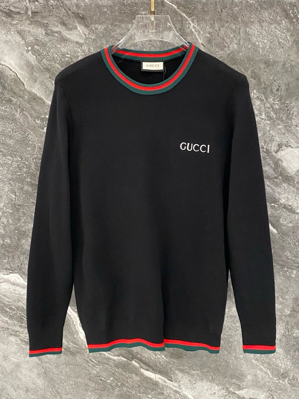 Gucci Black Crewneck Sweater with Red & Green Stripe Trim